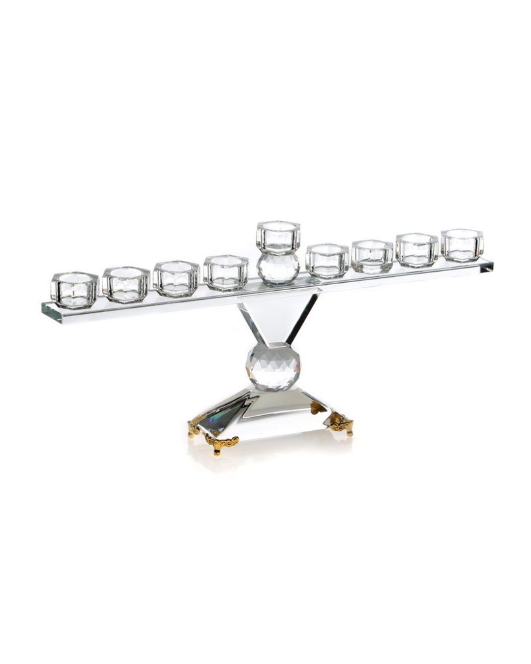 חנוכיית “קריסטל 4 רגליים” – קריסטל ומתכת בגוון זהב (35 ס״מ)